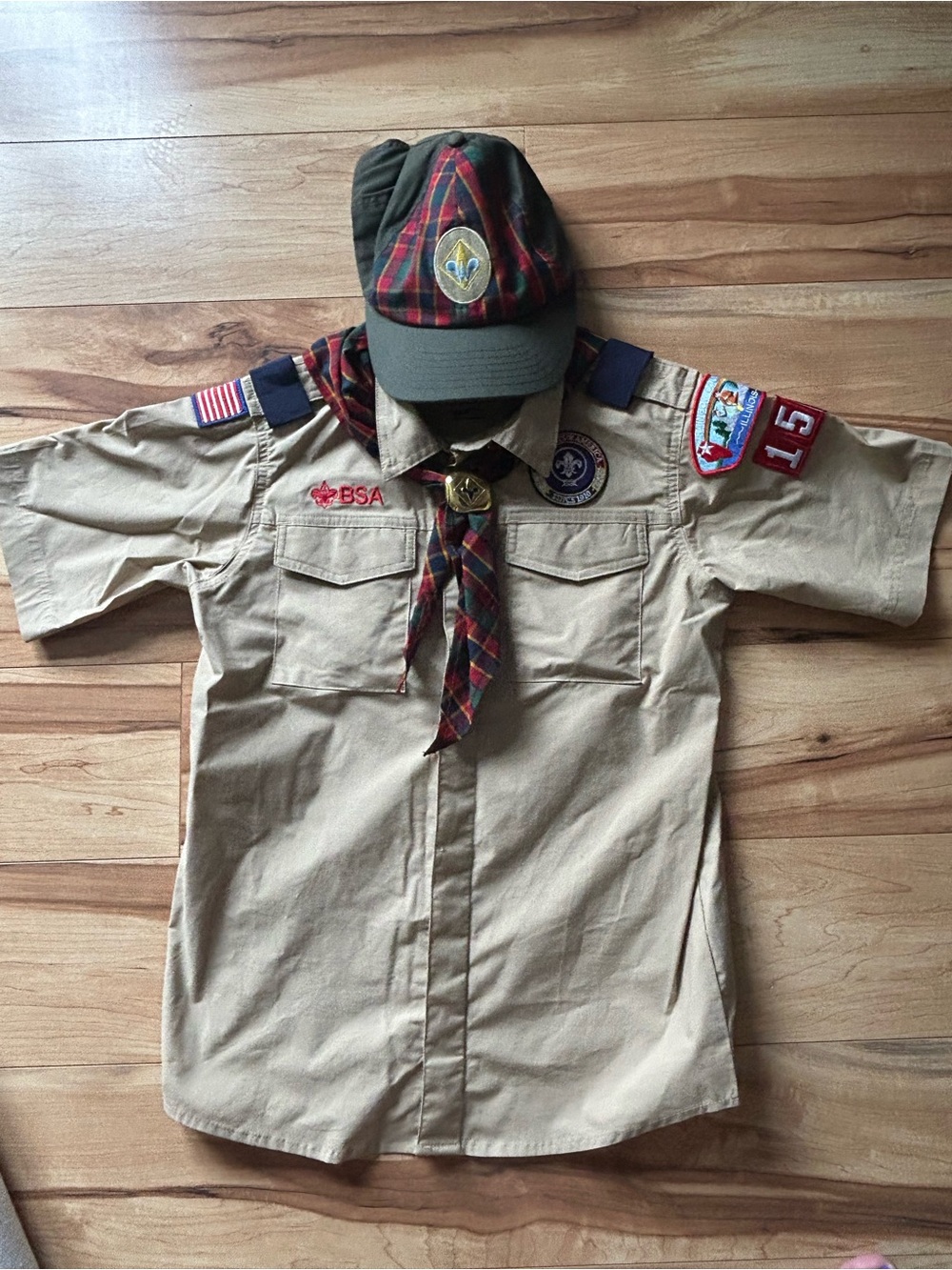 BSA Kids Tan Short-Sleeve Scout Shirt with Green Plaid Cap